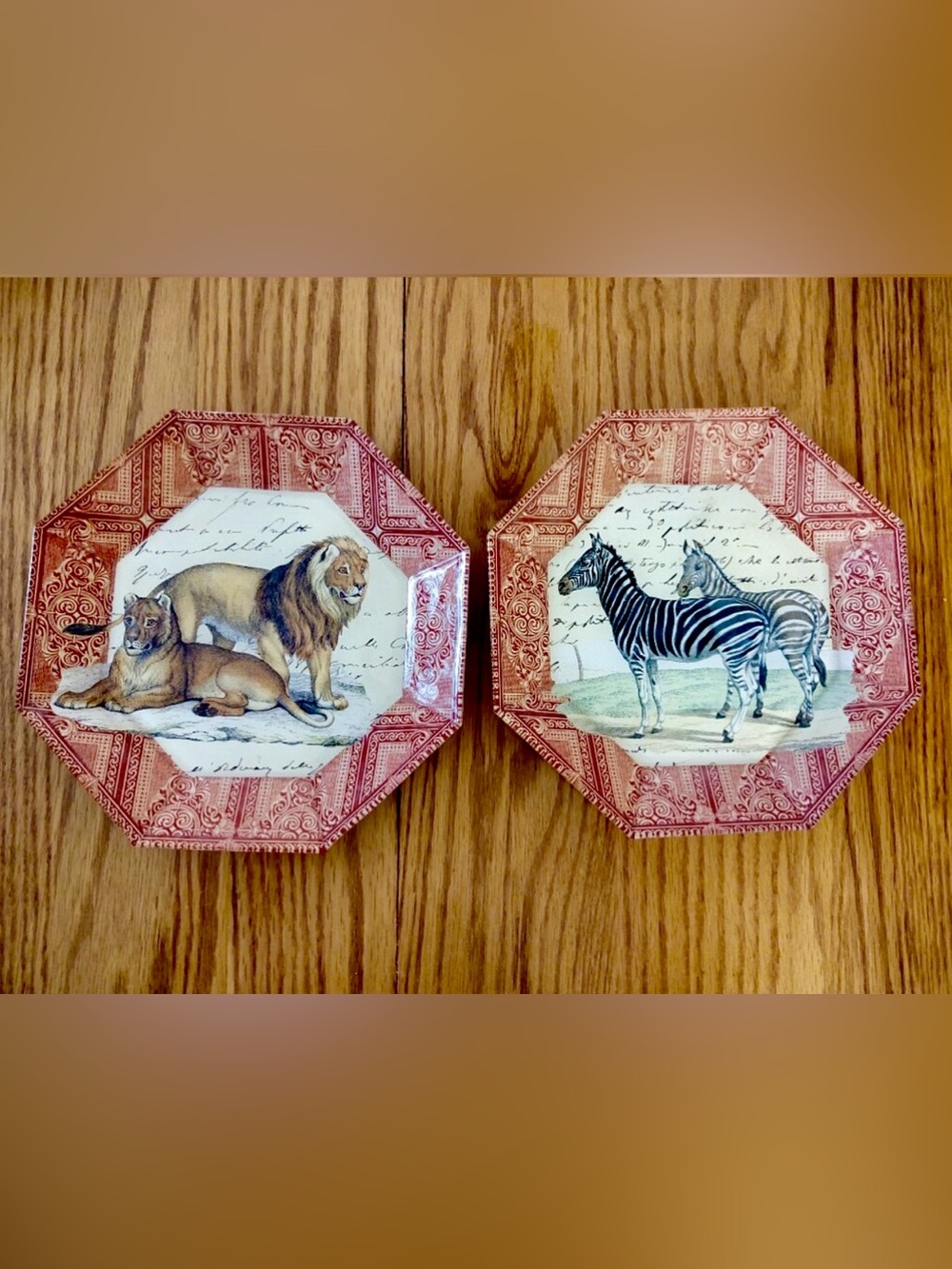 John Derian Signed Vintage Safari Collection Octagonal Decoupage Plates
